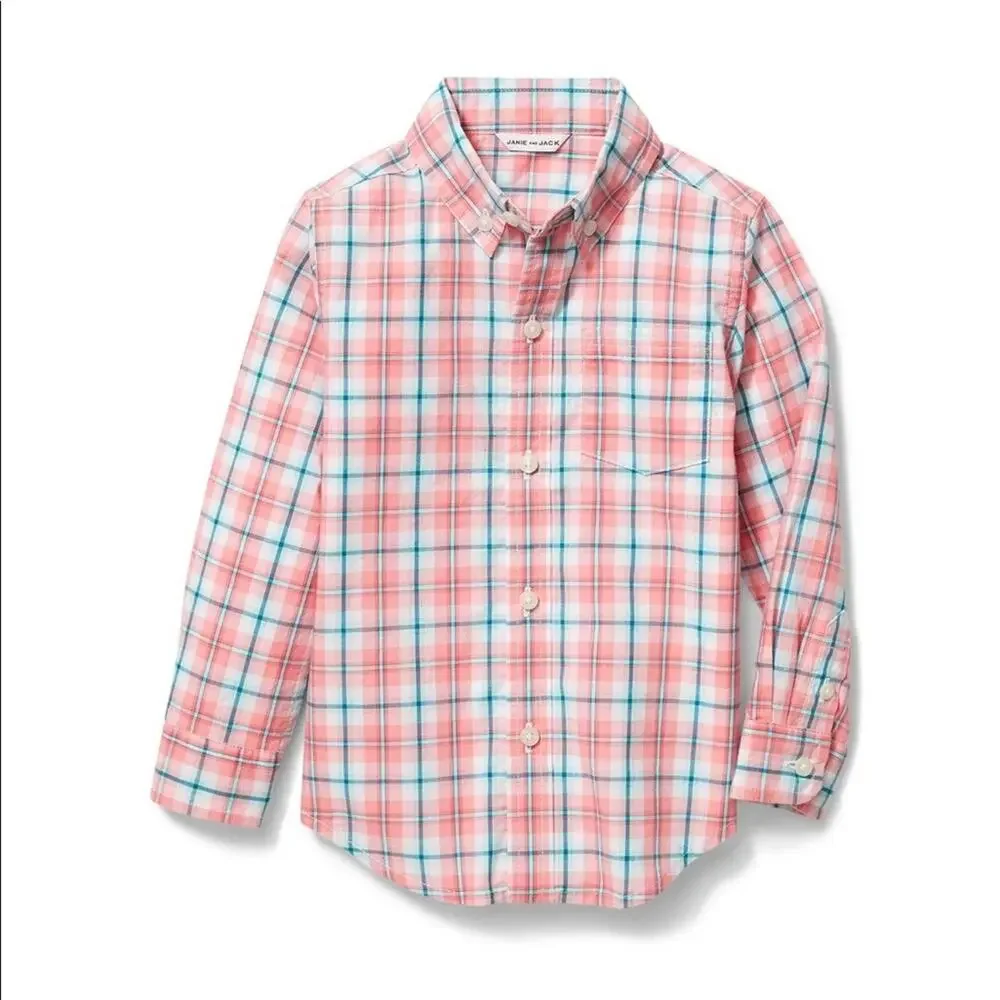 Janie and Jack Toddler Boys Size 2T Salmon Plaid Cotton Button Down Shirt